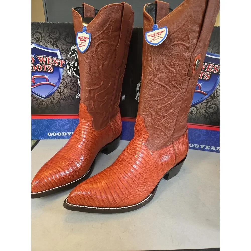 WILD WEST COGNAC 3X-TOE GENUINE TEJU LIZARD WESTERN COWBOY BOOT 11.5 (EE)